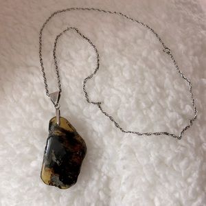 Vintage Baltic Amber Raw Pendant Necklace Sterling Silver